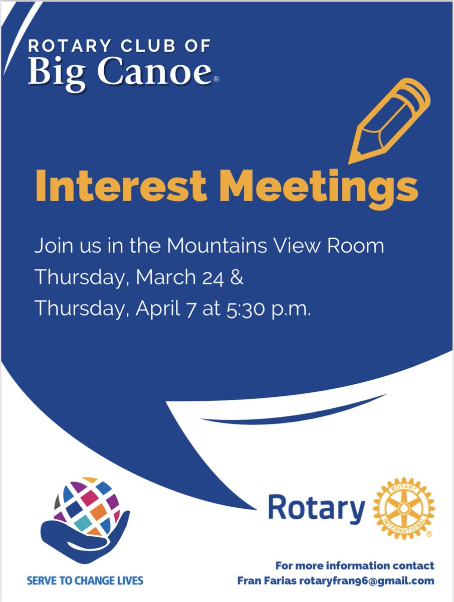 RotaryBigCanoe's tweet photo. Rotary Organizing Committee invites you to the Rotary Club of Big Canoe "INFORMATION MEETINGS". 

The first information meeting is scheduled for Thursday, April 7, at 5:30 pm in the Mountain View Room. https://t.co/ZTvE4C57sL