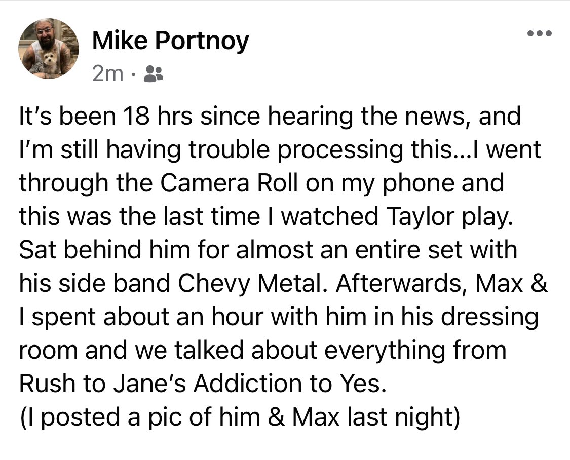 MikePortnoy's tweet photo. 18 hours later and still can’t process this…this is the last photo I have in the camera roll on my phone watching Taylor play…little did I know it would be the last. More thoughts below ⬇️ too big to Tweet…Devastated 😥💔🙏 #RIPTaylorHawkins @foofighters https://t.co/wyMOKM7ZLl