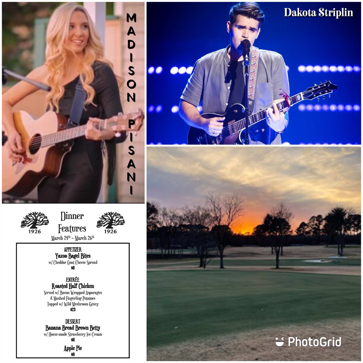 Good Evening Membership,
 Join us tonight as we welcome Dakota Striplin and Madison Pisani to OHCC for a night of acoustic music. 
The show starts at 6pm. 
We will have the March Madness on the TVs, so you won’t miss any of the action. 
Call to reserve your table now! 
#ohcc