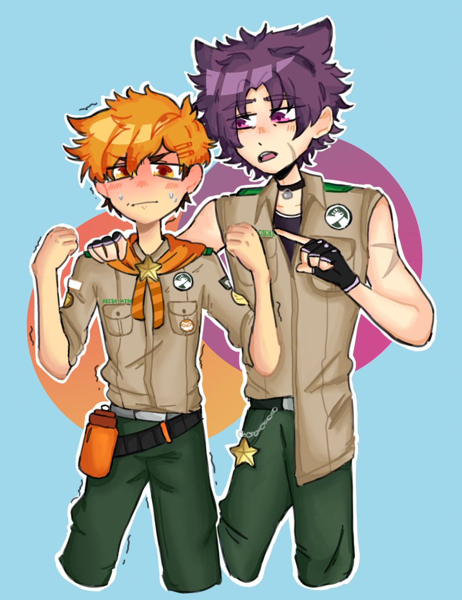 Lol i usually don't do full drawings, but here you go, a #BL novel #CampBuddy. This is #Yoichi and #Hiro, he's teaching him how to flex lol! I've done Yoichi's route and let me tell you I cried my eyeballs out.

#visualnovel #yoichiyukimura #akibahiro #art #digiralart