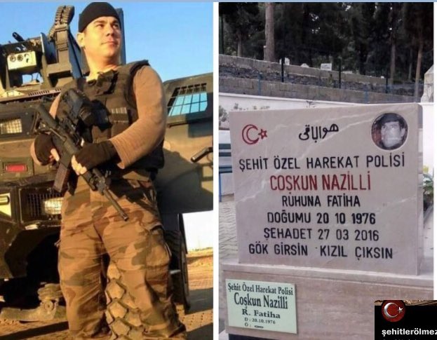 Mardin  Nusaybin’de terör örgütü Pkk’ye operasyonlarda ,teröristlerin tuzakladığı patlayıcının infilak etmesi sonucu şehit olan Şehit Polis Özel Harekât Coşkun Nazilli’yi şehadetinin sene-i devriyesinde rahmetle anıyoruz.Bir Fatiha okuyalım 🇹🇷