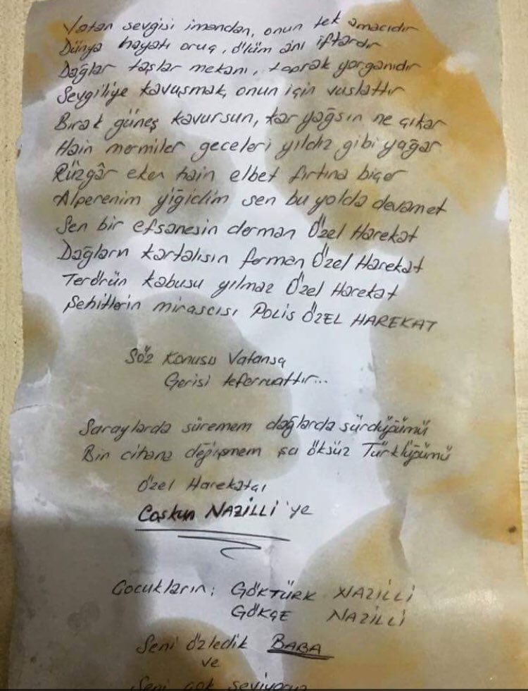 Mardin Nusaybin de Şehit Olan Polis Özel Harekât Coşkun Nazilli'nin üstünden çıkan çocuklarının yazdığı mektup...