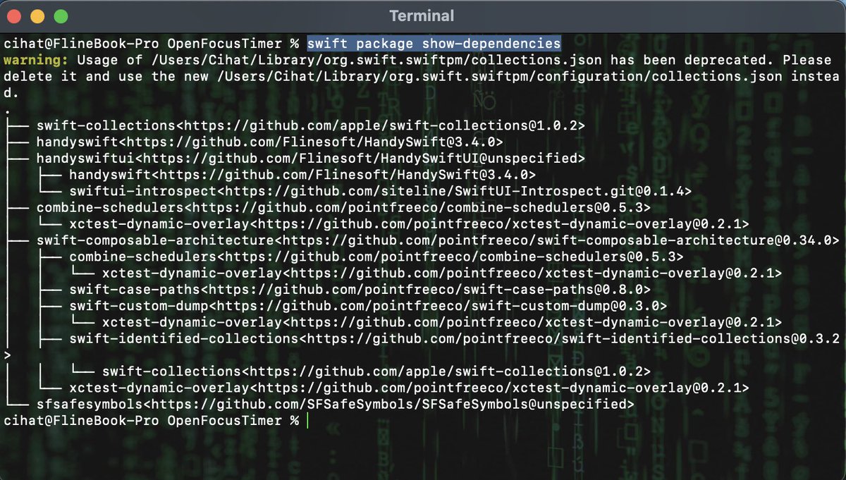 Jeehut's tweet image. The app looks really cool! But a bit expensive with $30 if you don’t need it regularly. A #free alternative for everyone else could be this built-in #SwiftPM subcommand, just run it in the path of your `Package.swift` file:
swift package show-dependencies