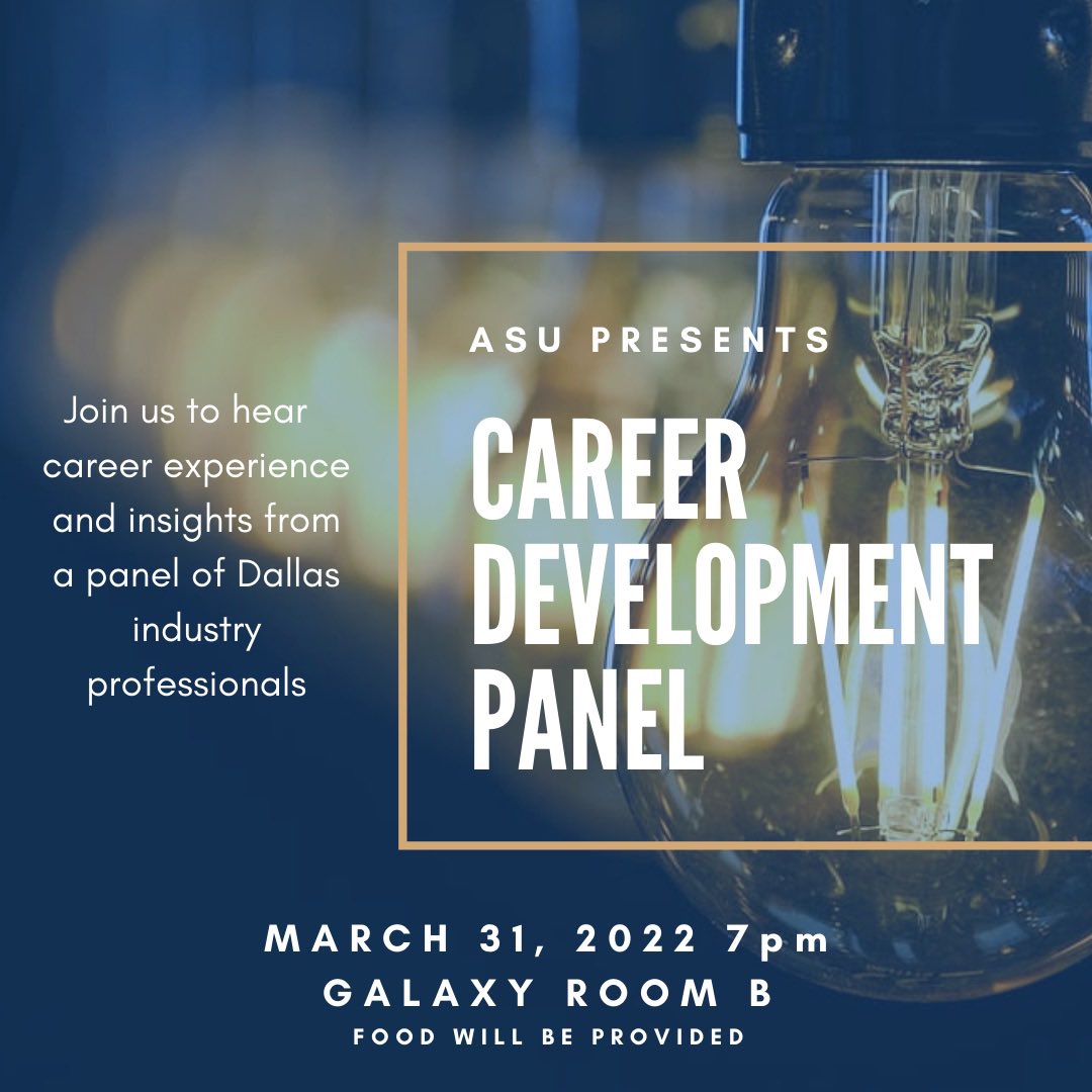 utdallasasu's tweet photo. Are you looking for advice from any individual that’s in your desired field?Would you like more info on other careers? ASU is hosting a Career Panel so you can be able to receive insight from professionals in the industry! If you’re attending, fill out the form in our bio! https://t.co/4dD4w1BTo7