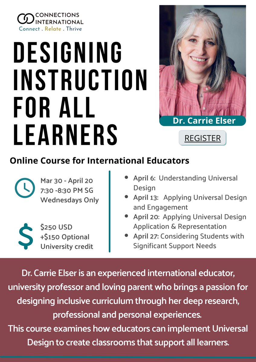This short course examines how educators can implement Universal Design to create classrooms that support ALL learners. Dr. Carrie Elser brings personal &amp; professional experience, deep research &amp; passion! Optional uni credit available. 
Register at: bit.ly/3HK4nZO