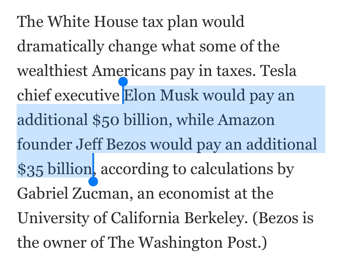 ericuman's tweet photo. Under a billionaires’ tax that Biden is proposing, Jeff Bezos would have to pay $35 billion and Elon Musk would have to pay $50 billion. 

Why so much? Because, as ProPublica revealed, they paid bubkas before. 

#journalismmatters https://t.co/mDcPbMj0QW