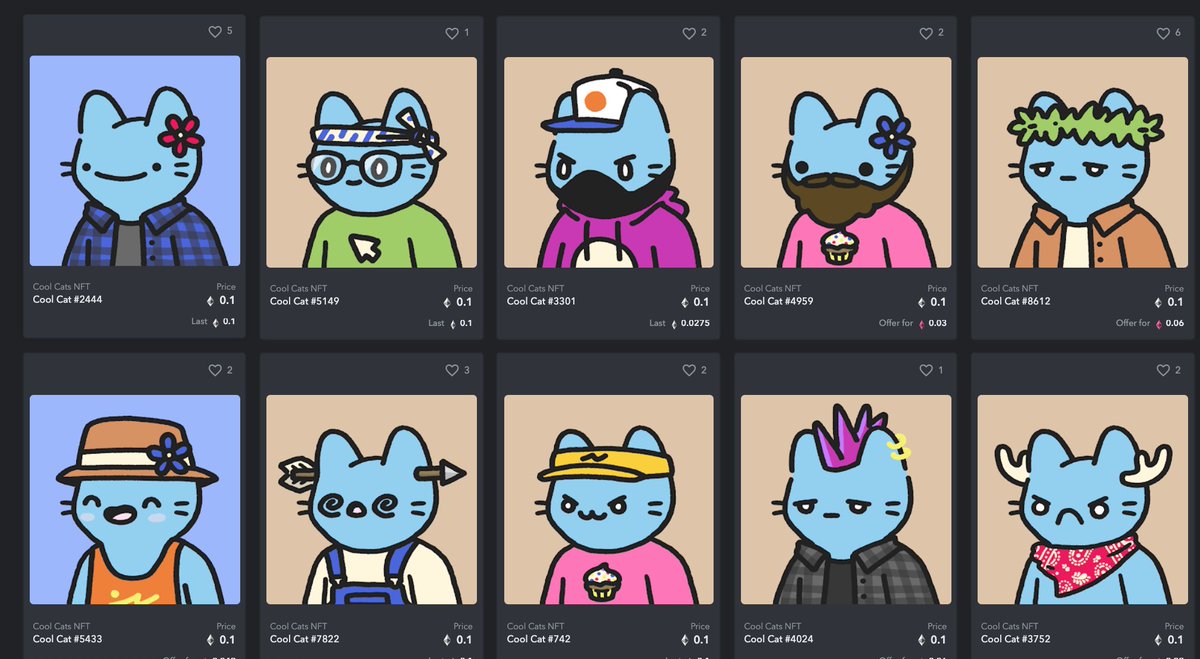 Top #NFT's collections 
6. Cool Cats #CoolCats
• Last 7 days: $5,354,560
• Number of Sales: 162
• Highest Price: $56,044
Cool Cats are a collection of programmatically, randomly generated NFTs on the #Ethereum blockchain.
#NFT
#NFTCommunity 
#nftcollector 
#NFTProject