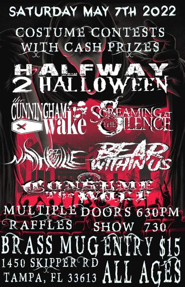 CunninghamWake's tweet image. Halfway 2 Halloween 2022 comes to Brass Mug on Saturday May 7th!! Costume contest with cash prizes, raffles and bands all night!! Spread the word!!