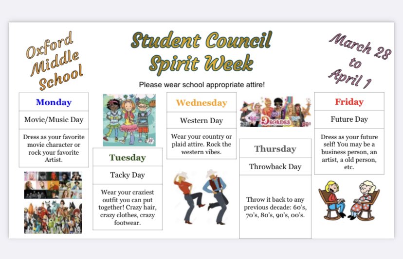 Oxford_Middle's tweet photo. Spirit Week is coming next week!! https://t.co/URJE6xs7Am