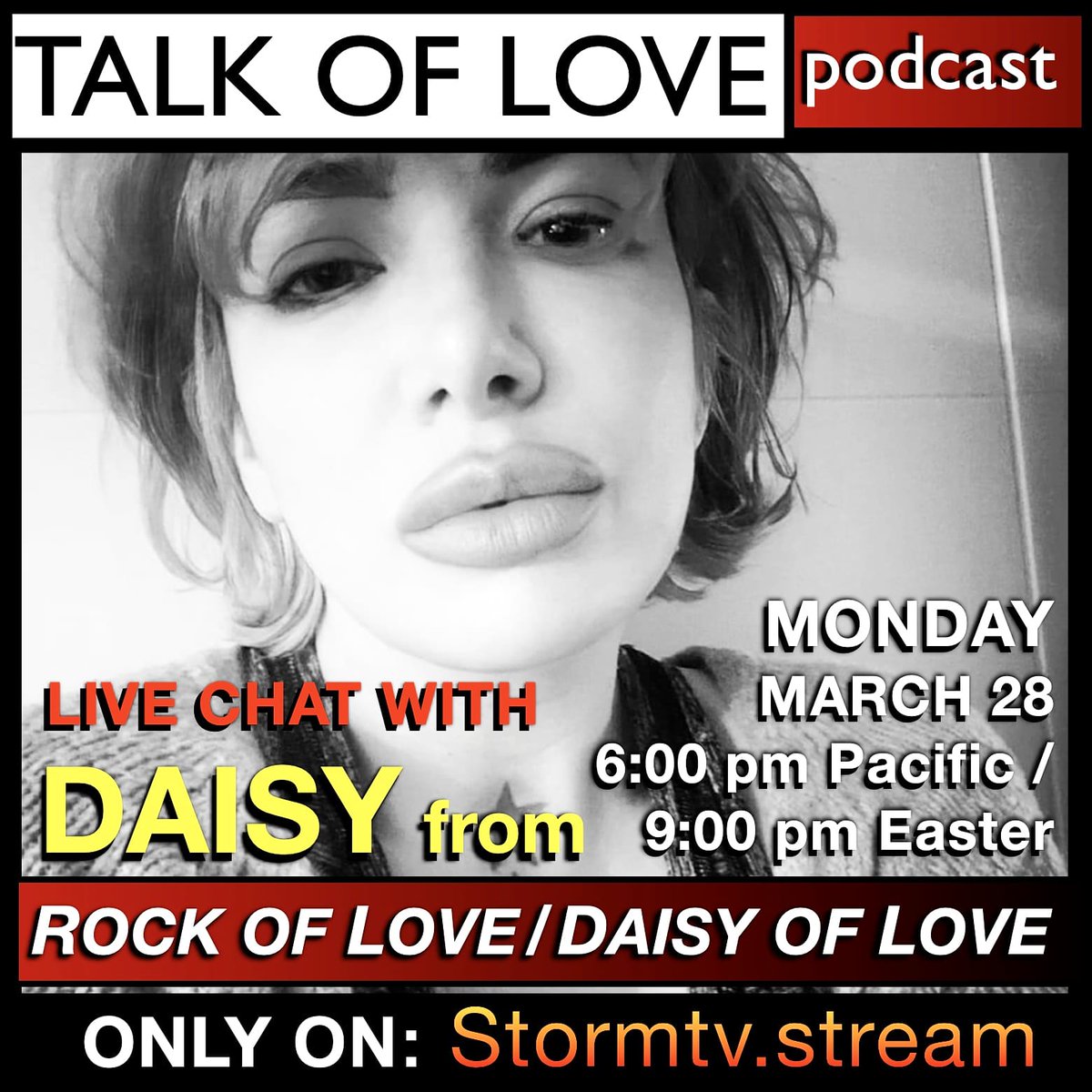 Hey Everyone! It's Lacey from #RockOfLove! I'll be live chatting with Daisy from #DaisyOfLove this coming Monday, at 6 pm Pacific/9 pm Eastern, on Storm TV! Get your questions ready, then visit: stormtv.stream 🤘❤️