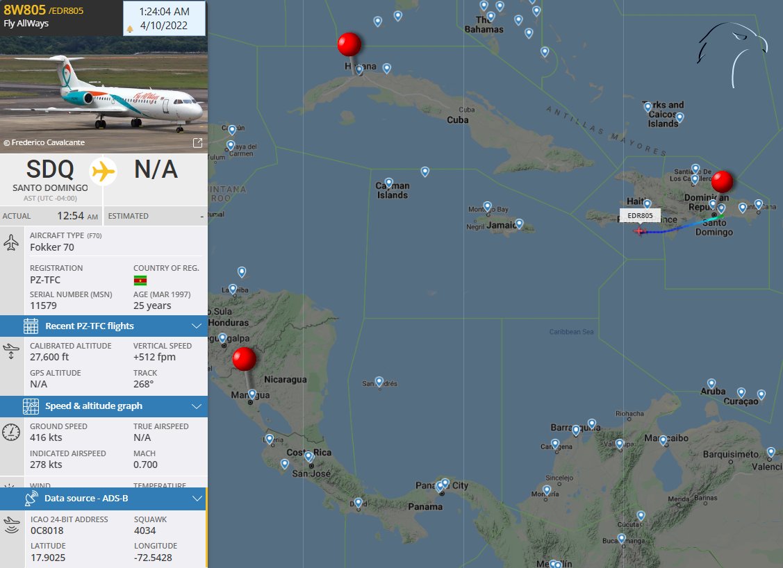 FlconEYES's tweet photo. Asi salía en la madrugada de hoy #FlyAllWays - #PZTFC
Sto Domingo - #Managua
Exiliando cubanos. Por contratos de @DiazCanelB y @MinturCuba Vía Habana-StoDomingo-Managua.
#OSINTCuba #cuavion #Cuba #9Abr
https://t.co/MVgGcVNnmN https://t.co/7N9B9AZkye