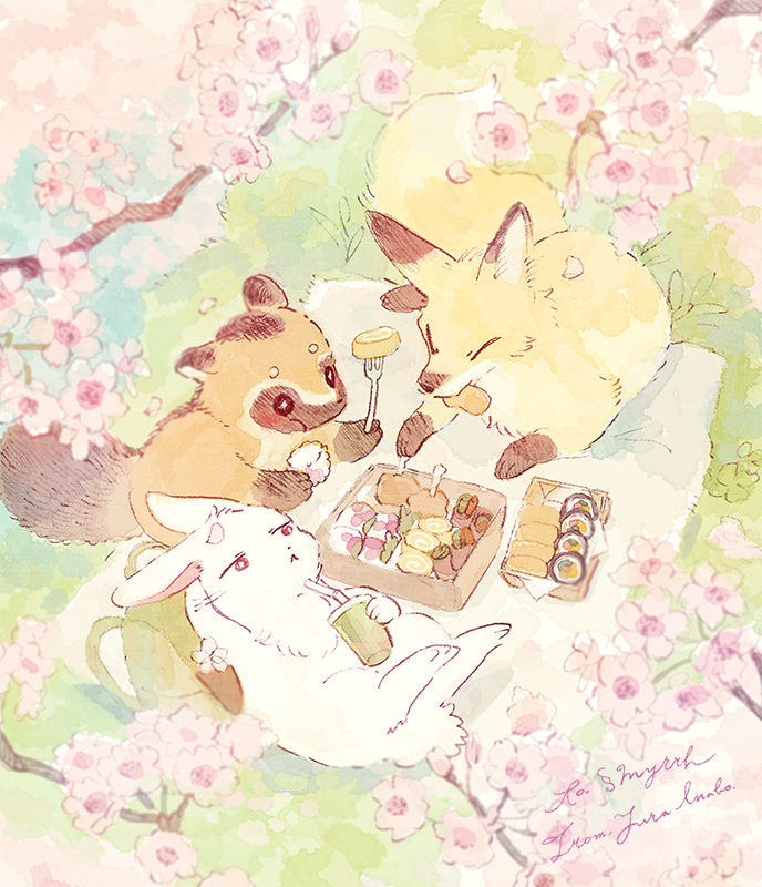 fox no humans cherry blossoms picnic food rabbit holding  illustration images