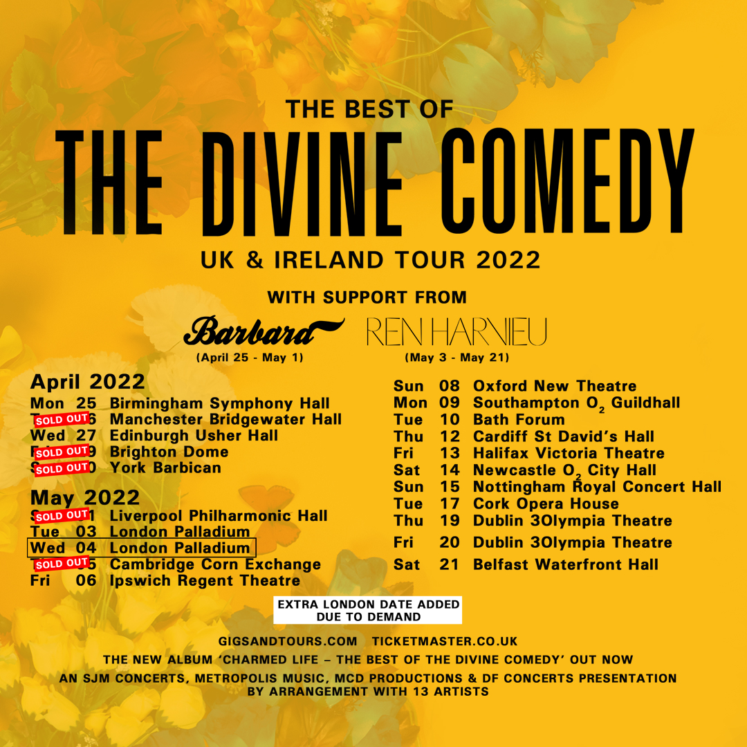 Looking Ahead: The UK &amp; Ireland Tour starts on 25th April!
Full list of shows &amp; ticket links: thedivinecomedy.com/live
<a href="/barbaratheband2/">Barbara</a> will be opening for us on the first week❤️
For Sold Out shows: Please check with the venue &amp; ticket agencies.
#TheDivineComedy #CharmedLife #Tour