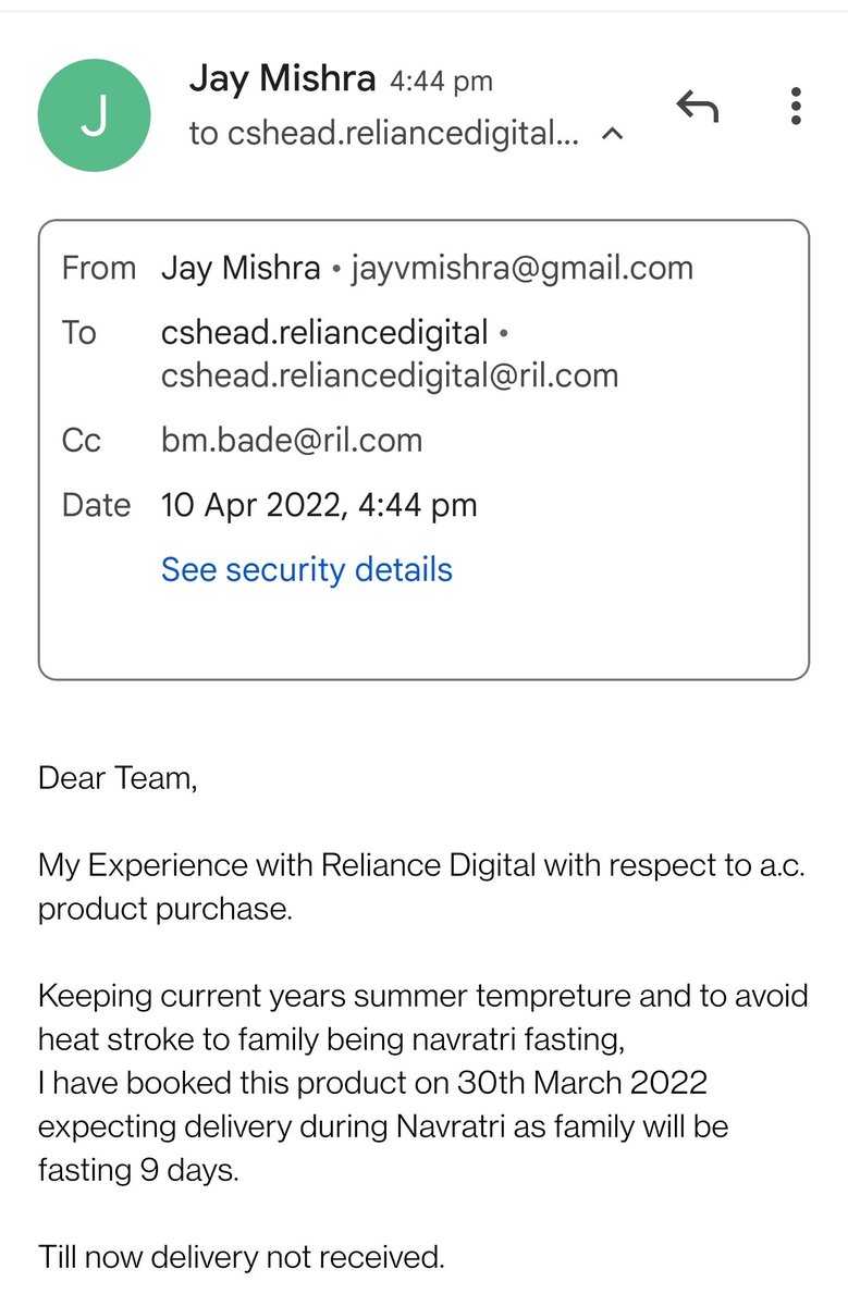 jayvmishra1's tweet photo. @RelianceDigital 
Dear Team
After long follow up with 
Nalasopara E, Dist Palghar store

I request your help and intervention on the matter at earliest.

A.C. purchased on 30th March 22
Till date no delivery.

Ppl plying with customers emotions. https://t.co/cmfy9Ew5mq