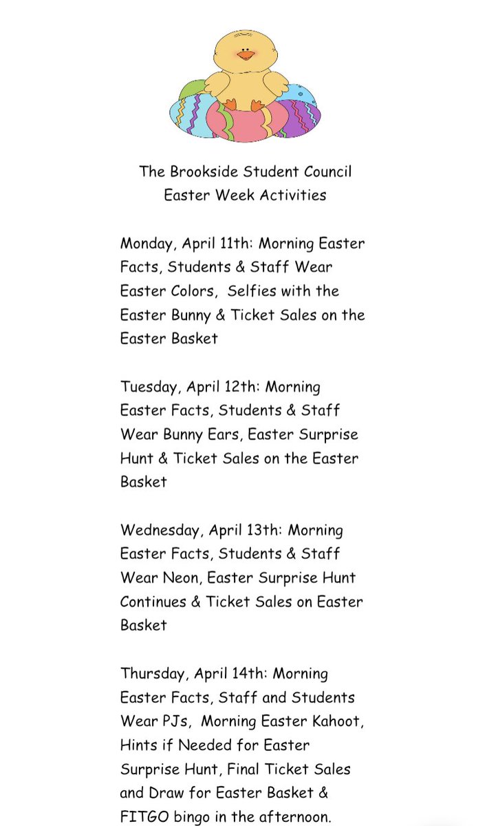 Brookside Intermediate Guidance (@brooksideguide) on Twitter photo Easter week activities begin on a Monday! Let’s see your Easter colours 🐣🐰
And don’t forget to bring $1 to buy a ticket on the amazing Easter Basket that our student council has put together! <a href="/BrooksideInt/">Brookside Intermediate</a> Easter week activities begin on a Monday! Let’s see your Easter colours 🐣🐰
And don’t forget to bring $1 to buy a ticket on the amazing Easter Basket that our student council has put together! <a href="/BrooksideInt/">Brookside Intermediate</a>