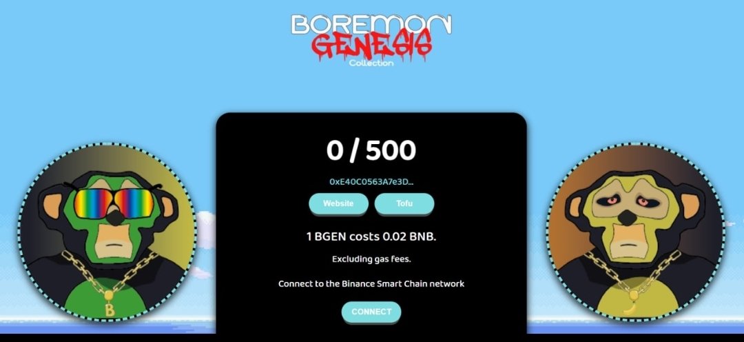 #BOREMON #NFT minting Dapp has been deployed!

boremongenesisnft.netlify.app

D not attempt to mint as the NFT minting is not enabled yet and your transaction will fail. 

We will release the schedule for Monday this weekend! Hope you are all ready

JOIN CHAT
t.me/Boremon_BSC