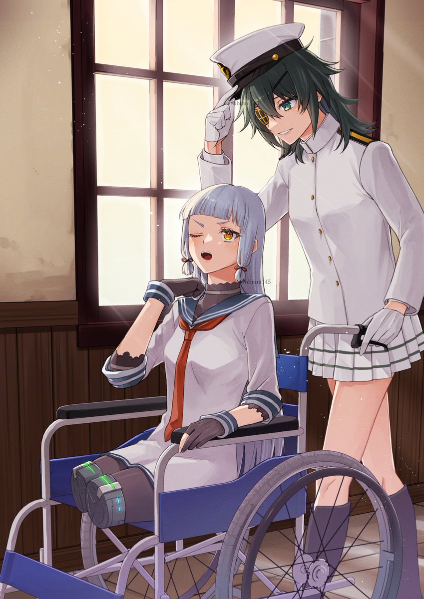 kiso (kancolle) ,murakumo (kancolle) multiple girls red necktie 2girls gloves wheelchair sailor dress tress ribbon  illustration images