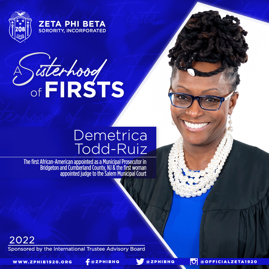 ZPhiBInc1920's tweet photo. Demetrica Todd-Ruiz became the first African-American appointed as a Municipal Prosecutor in Bridgeton and Cumberland County, NJ (2012) and the first woman appointed judge to the Salem Municipal Court (March 2018). #ZetaPhiBeta #ZPhiB1920 #ZPhiB #Service #SororityOfFirsts https://t.co/cJOwRft6TI