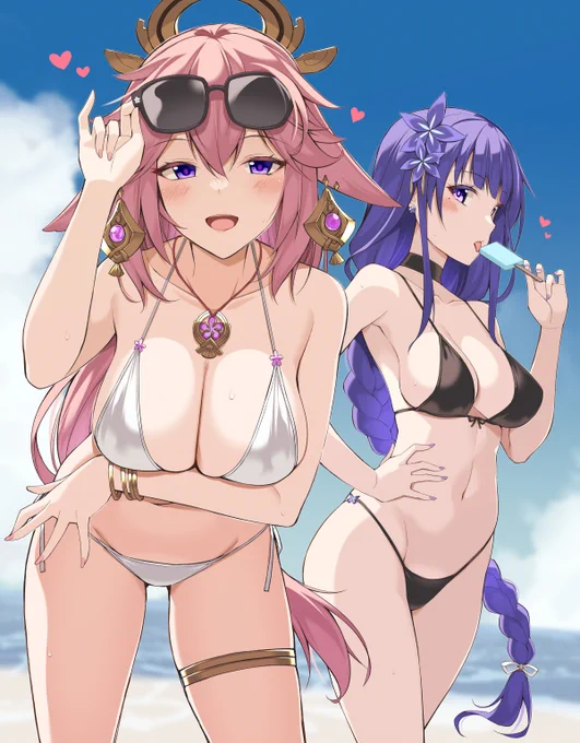 稲妻の浜辺で遊んでたら水着のおねえさん達が話しかけてきた……なラクガキです 
