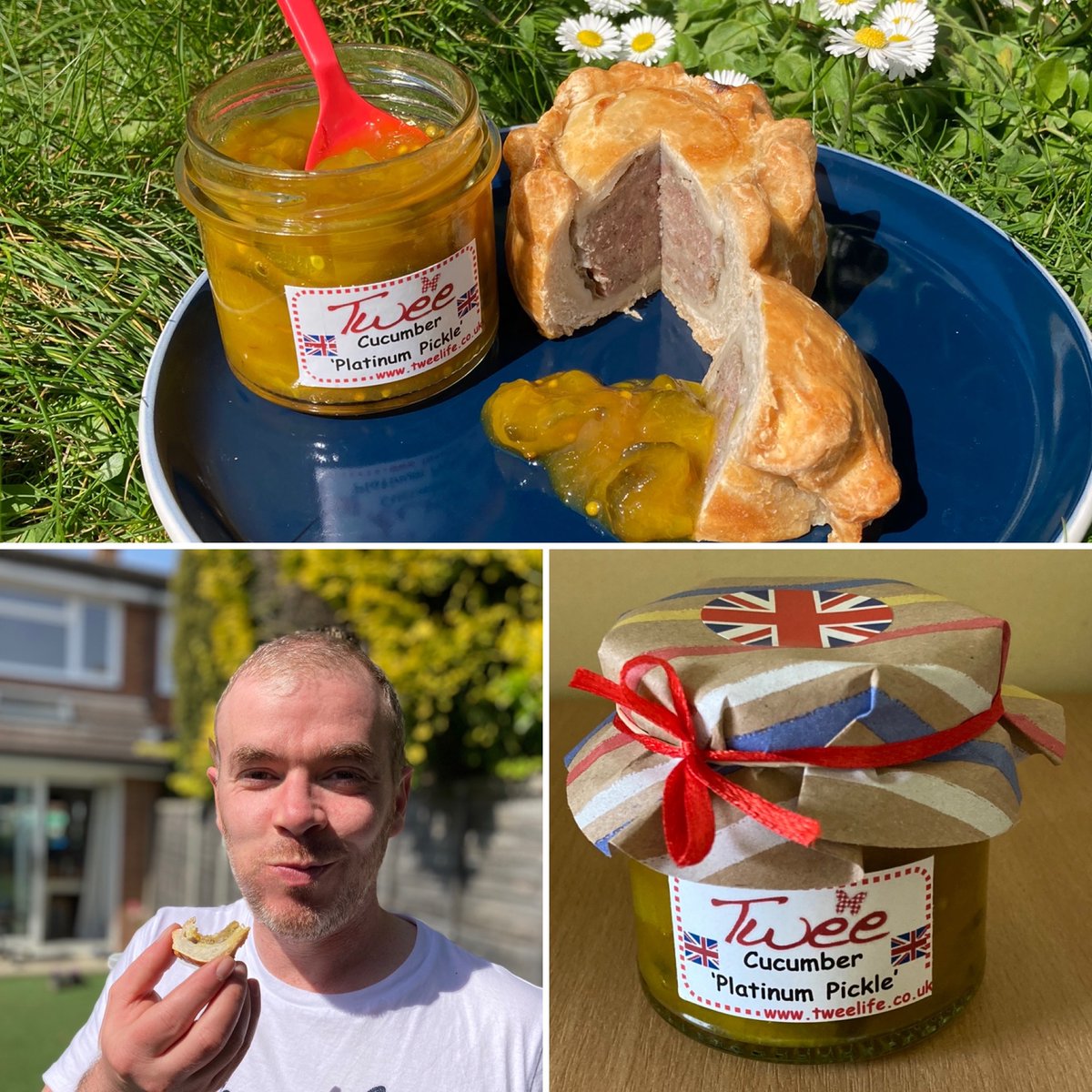 TweelifeUK's tweet photo. Taste testing Twee’s new Platinum Pickle! Nom nom nom 
Perfect partner for pork pies!! 😋 #porkpie #platinumpickle #jubilee #picnic #sunshine #tastetesting #preserves #homemade #yummy #chilterns #delicious https://t.co/pvniCodjtO