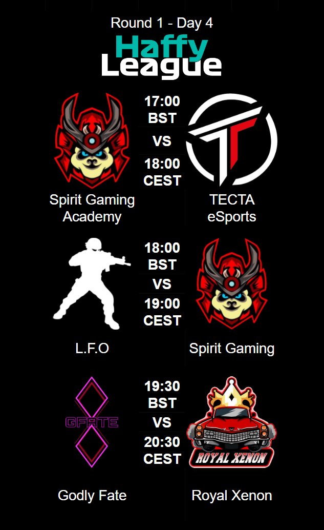 Day 4 is starting, here are the matchups for today

@spiritgaminghun aca vs <a href="/tectaesports/">tecta esports</a> 
17:00 BST / 18:00 CEST

#LFOHungary vs @spiritgaminghun 
18:00 BST / 19:00 CEST

<a href="/godly_fate/">Godly Fate</a> vs @RoyalXenon 
19:30 BST / 20:30 CEST

live on twitch.tv/haffy_league

Don't miss these games!