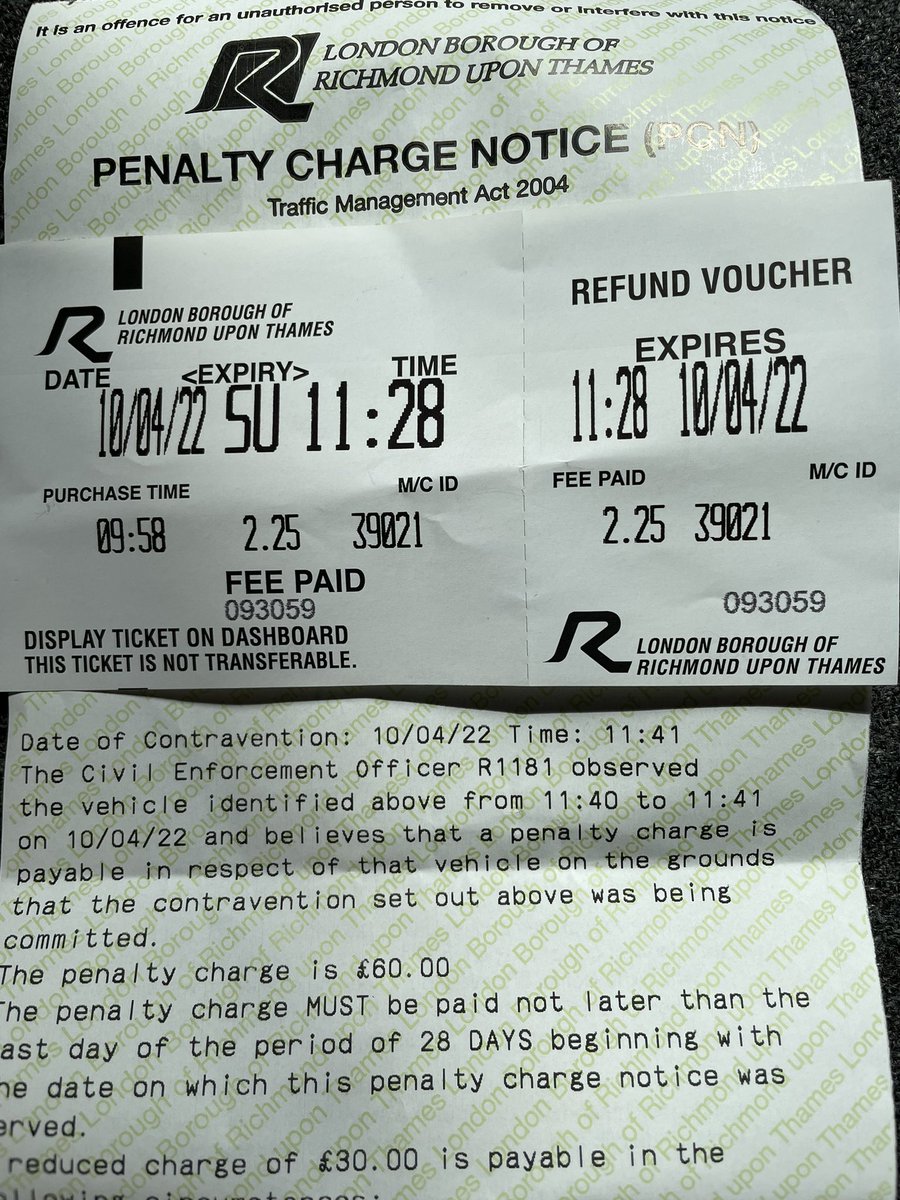 On top of £12.50 Ulez today, I parked in the near-empty pools in the park. My daughter’s game kicked off 10 mins late hence I returned to the car a few mins late. Worry not, #lbrut enforcers are eager to protect us all from such outrageous parking theft  <a href="/LBRUT/">Richmond Council</a> <a href="/AlexanderEhmann/">Alexander Ehmann</a>