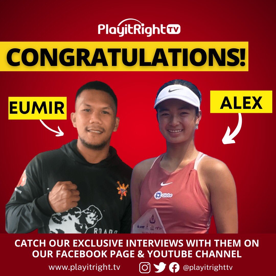 PlayitRightTV's tweet photo. What amazing wins for our 2 athletes, Alex Eala and Eumir Marcial! You make us proud! 

Catch our exclusive interviews with Alex and Eumir on our Facebook page and YouTube channel! 

#PlayItRightTV
#PlayItRight
#Sports
#SportsPH
#AlexEala
#EumirMarcial
#TennisPH
#BoxingPH https://t.co/GlPOxPmW4Z