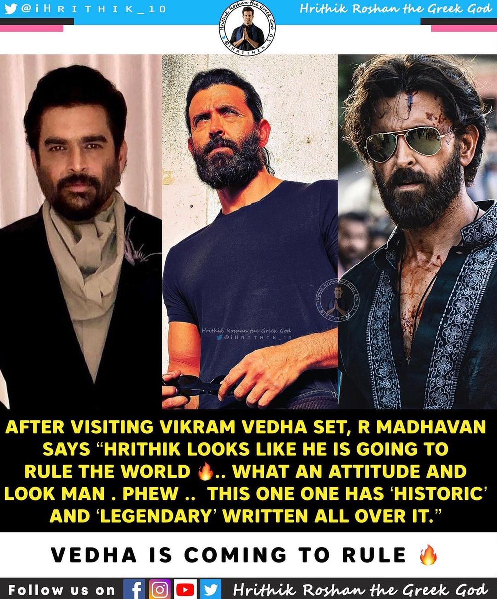 iHrithik_10's tweet photo. R Madhavan can't stop praising Hrithik Roshan after visiting Vikram Vedha sets.
.
Jab Jab Hrithik Action me aata hain aag laga deta he 🔥 

#HrithikRoshan #Rmadhavan 
#VikramVedha #vedha #vedhafirstlook https://t.co/ezzE1U2jmS