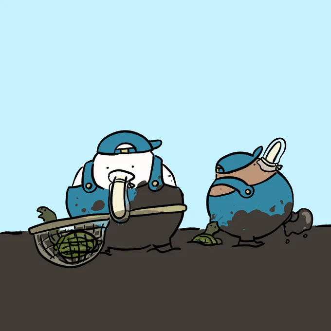 池の水を抜く手伝いをするキーウィ 
