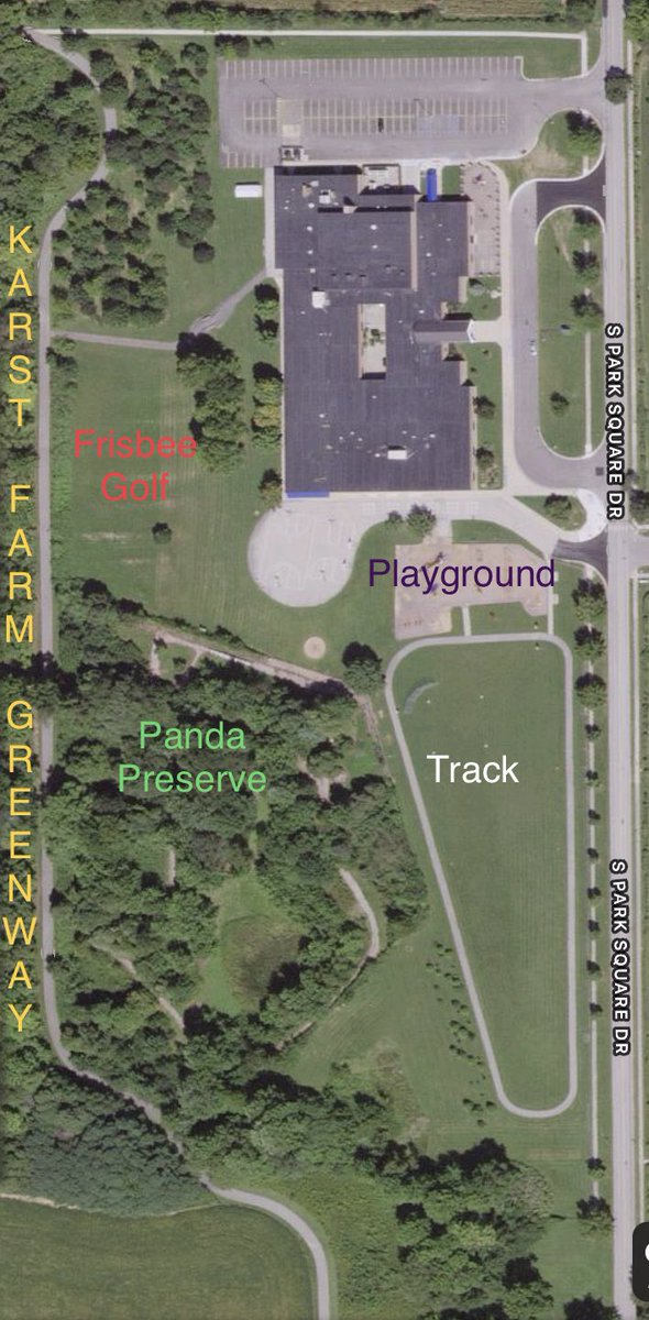 PTOHighlandPark's tweet photo. @HP_Pandas 
Ever wonder about the Nature preserve our @HP_GardenClub talks about?   It’s actually larger than the footprint of the school.  So many outdoor activities on our campus with frisbee golf, a track, playground and we are located on the Karst Farm Greenway. https://t.co/mC4DdF4Poj