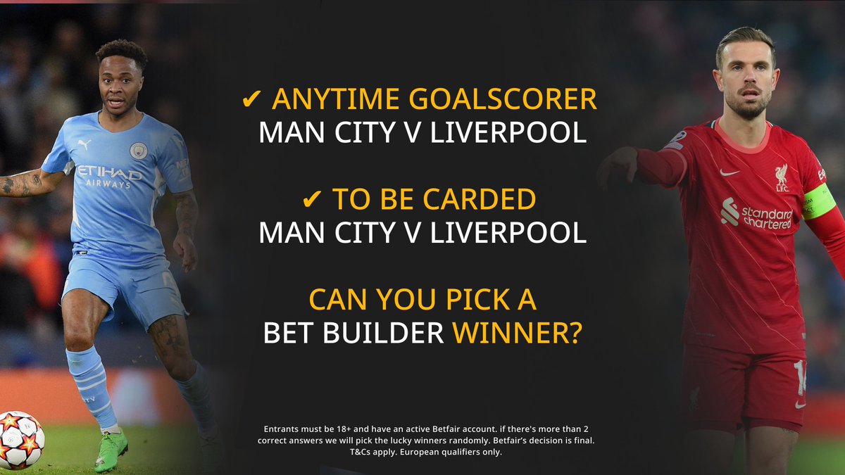 Betfair's tweet image. 🎉 Competition time! We're giving away 2 x £25 free bets on Man City v Liverpool this afternoon!

👇 To be in with a chance of winning - RT and give us a Bet Builder on Man City v Liverpool. We want a double of an...

⚽️ Anytime goalscorer 
🟨 Player to be carded