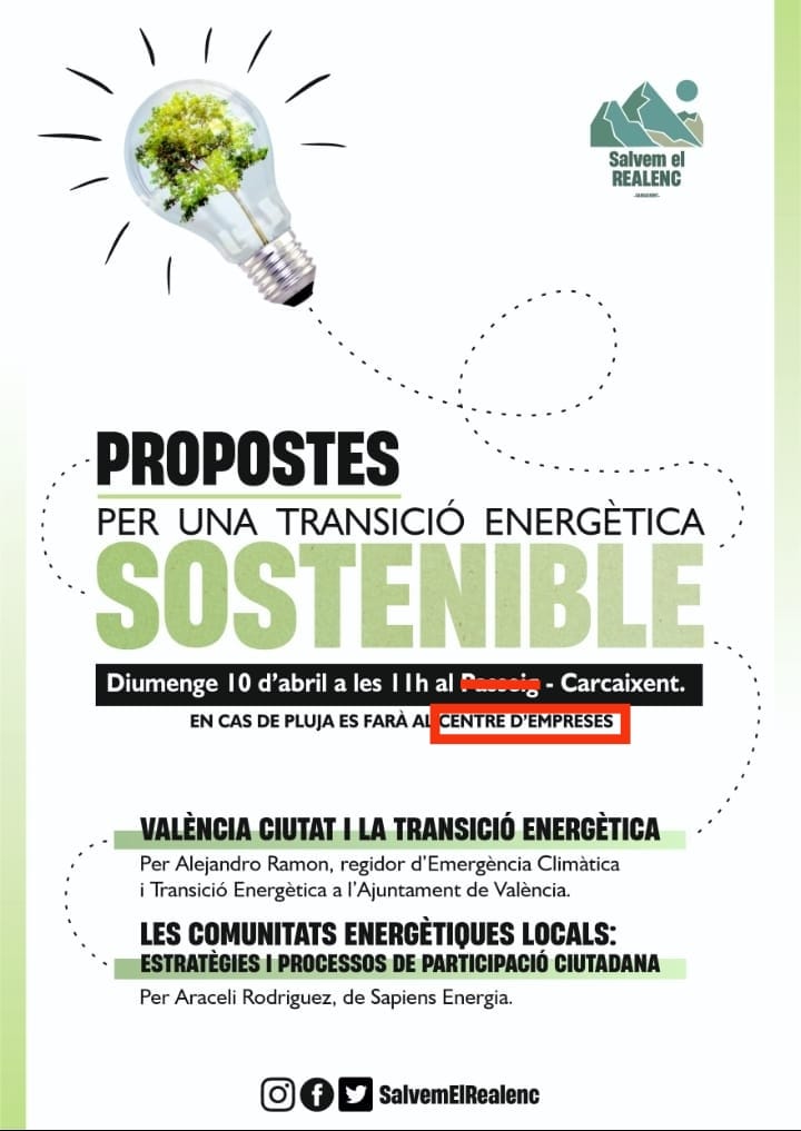 Ens veiem ara a les 11 al Centre d'Empreses de Carcaixent. Es canvia la ubicació per raons metereològiques.
Altres formes no són possibles: són necessàries.