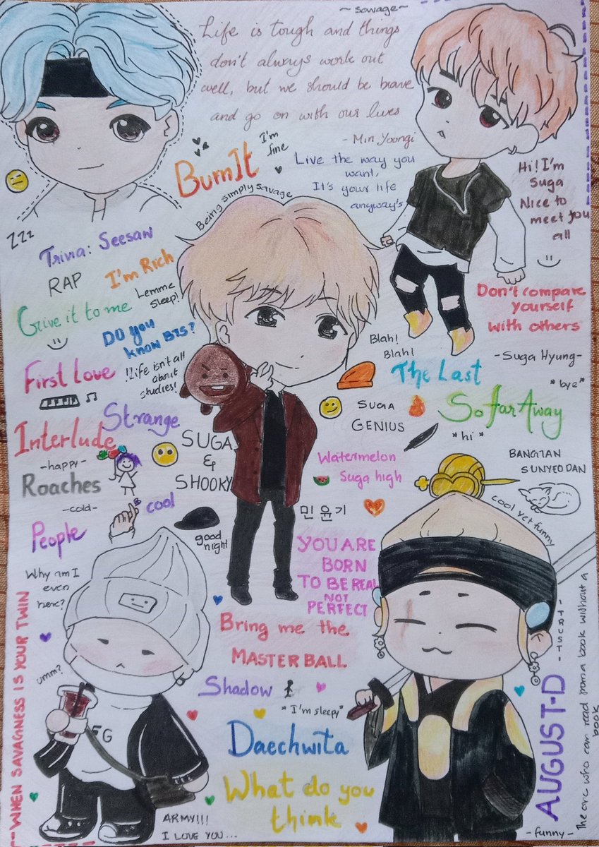 Mayberr63052677's tweet photo. Yay 🎉
The final member's doodle is also finished 🥺💜
I feel so glad while looking at them each time💜😃
They are all my happy pills. 
(The tiny tan drawing went a bit out i always find it difficult , but yeah nect time I'll do well 🤞) https://t.co/lUv8m40jA4