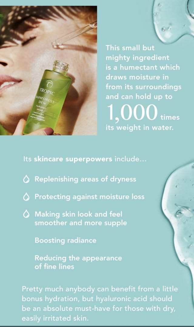 Kezalaaa's tweet photo. Hyaluronic acid is a powerful sugar molecule with the ability to absorb 1000x its own weight in moisture. It keeps the skin hydrated and plump. 💦🌿 Meet RAINFOREST DEW - A moisture-boosting blend of plant extracts to flood your skin with hydration for a dewy, youthful bounce. https://t.co/ACGjvTAI5r