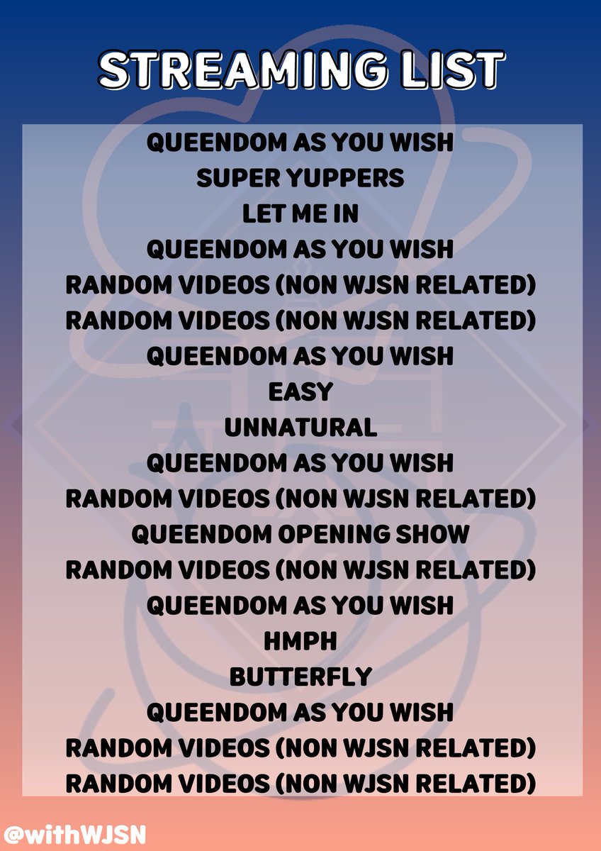 🖥📢 MANUALLY STREAMING LIST

We have made a streaming list to manually stream as long as we can. You can continue the list by putting in WJSN's other mvs and following the format. Please STREAM MANUALLY until the tracking time ends.

#WJSN #우주소녀 <a href="/WJSN_Cosmic/">우주소녀</a>