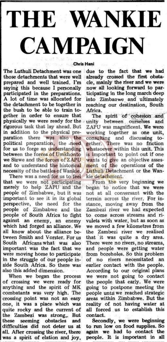 Article written by Chris Hani talking about his Involvement in the Luthuli Detachment between MK and ZPRA forces. 'The spirit of cohesion and unity between ourselves and ZAPU was magnificent.We were working together as one unit' - Chris Hani #RememberingChrisHani