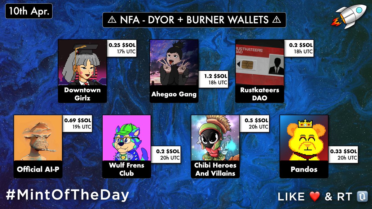 🔥 Today's #Solana Mints 🔥

17UTC・@DowntownGirlz・0.25 $SOL
18UTC・@AhegaoGangNFT・1.2 $SOL
18UTC・@RustKateersDAO・0.2 $SOL
19UTC・@444OfficialAIP・0.69 $SOL
20UTC・@WulfFrensClub・0.2 $SOL
20UTC・<a href="/CHAV_nft/">Chibi Heroes And Villains</a>・0.5 $SOL
20UTC・@PandosPandos1・0.33 $SOL