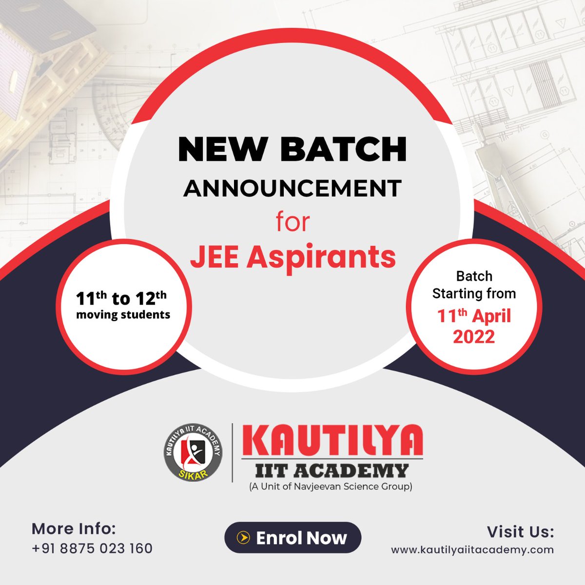 KautilyaAcademy's tweet photo. Give an early start to your #JEE2023 Preparation with Motion Batch.👇
👉Batch Starting From 11 April 2022

#motion #sikar #startingbatch #Admission #education #success  #navjeevansciencegroup #kautilyaiitacademy #jee2023preparation  #jee2023course #TaiyaariSuccessKi #IITJEE https://t.co/ll64PmnwkX