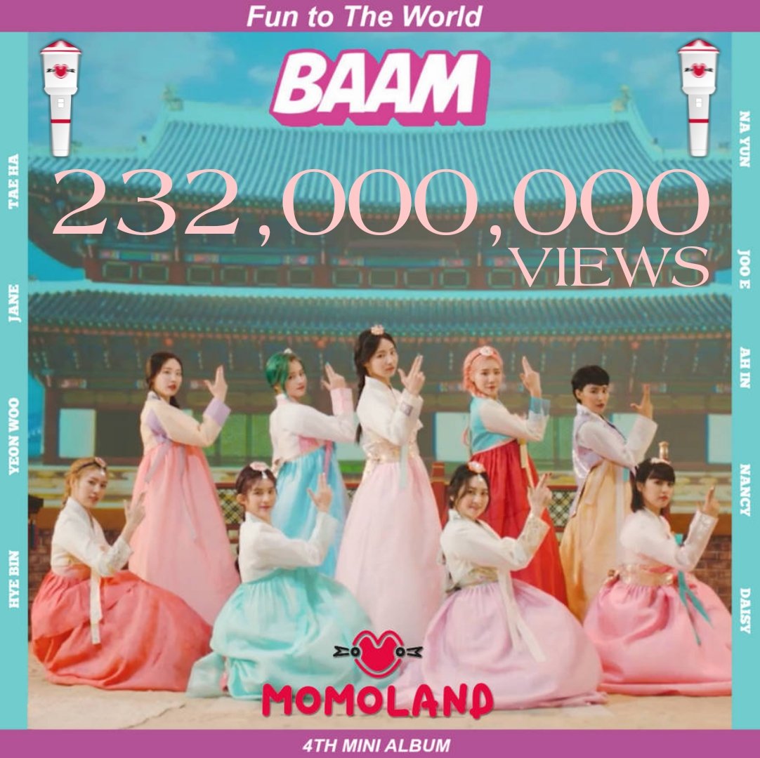 mmld_merries06's tweet photo. Merries!!! "BAAM" hits 
232 Million views on YouTube ❤️❤️❤️
#Momoland #Baam #Ot9_Days #Nancy #Hyebin #Jooe #Jane #Ahin #Nayun #Yeonwoo #Daisy #Taeha https://t.co/2m6fpKxFap