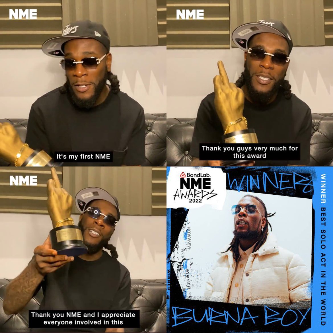 Outsidian's tweet photo. ICYMI:

.@burnaboy won “Best Solo Act In The World” at the 2022 NME Awards, in a category that had top nominations that included amongst others, Arlo Parks, Billie Eilish, Dave and The Weeknd.

He is the First &amp; Only artist from Africa to win this award. https://t.co/UNRtuQfoFs