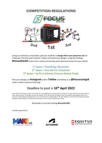 PRIMARY SCHOOLS

Check out our FREE CAD TUTORIALS and get involved to WIN AWESOME PRIZES

Help your students learn CAD in D&amp;T and learn a bit yourself

Deadline 1st June, primary schools only, make sure to use the hashtag #FocusOnCAD
<a href="/tinkercad/">Tinkercad</a> <a href="/MakeUK_/">Make UK</a> <a href="/autodesk/">Autodesk</a> <a href="/EquitusEngg/">Equitus Engineering</a>
