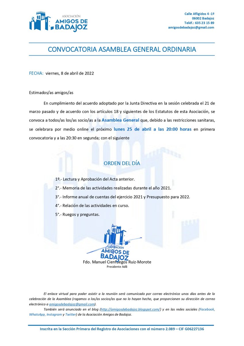 Lunes 25 de abril asamblea general online