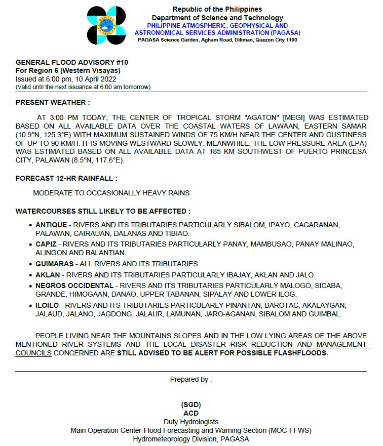 dost_pagasa's tweet photo. General Flood Advisories (GFAs)  - 2/3
Issued @ 6PM, 10 April 2022

Region 6 (Western Visayas) - #GFA10
Region 7 (Central Visayas) - #GFA10
Region 8 (Eastern Visayas) - #GFA12 https://t.co/CSAGR7AUkx