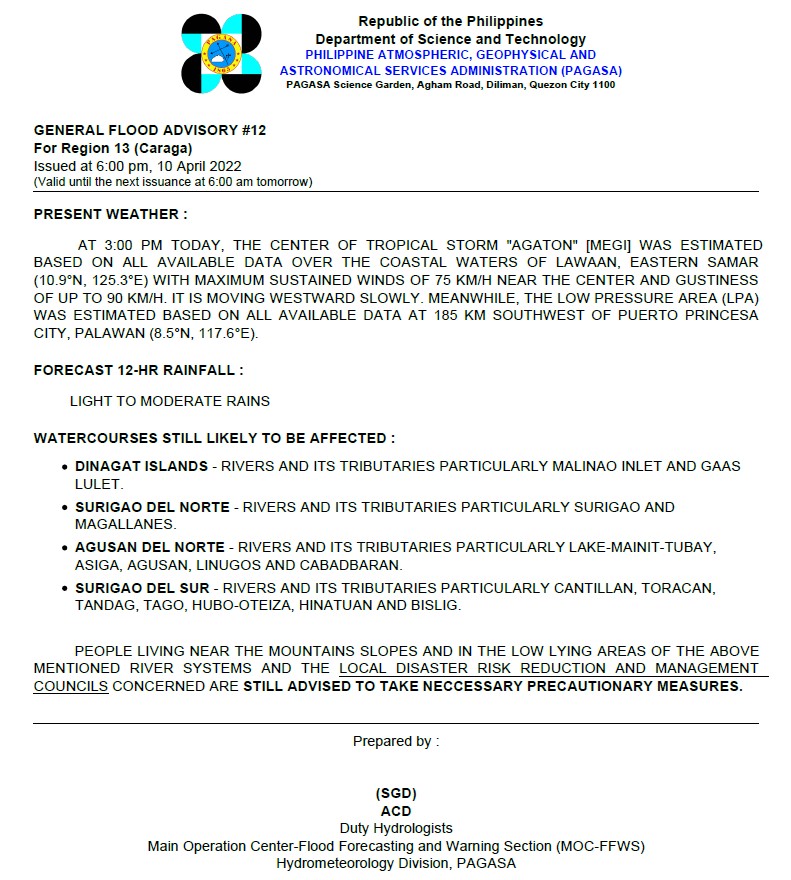 dost_pagasa's tweet photo. General Flood Advisories (GFAs)  - 3/3
Issued @ 6PM, 10 April 2022

Region 9 (Zamboanga Peninsula) - #GFA3 (Final)
Region 10 (Northern Mindanao) - #GFA11
Region 13 (CARAGA) - #GFA12 https://t.co/4NDiCIQ0uM