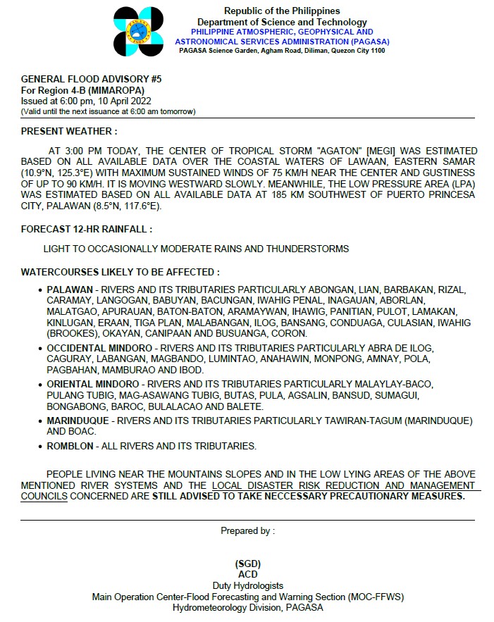 dost_pagasa's tweet photo. General Flood Advisories (GFAs) - 1/3
Issued @ 6PM, 10 April 2022
Region 4B (MIMAROPA) - #GFA5
Region 5 (Bicol Region) - #GFA8 https://t.co/K1KiSubnEz