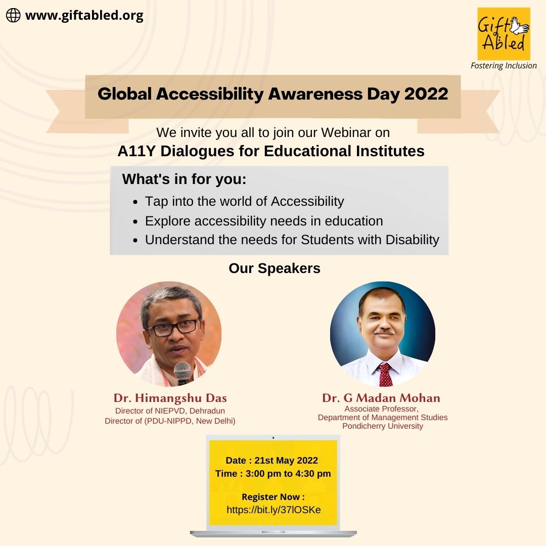 GiftAbled's tweet photo. The wait is finally over!!
Register at: https://t.co/WMWUTR4UZk
Date- 21st May 2022, Saturday
Time- 3:00 pm - 4:30 pm
We invite Students, Teachers, Professors, Admin heads of educational institutes and others for the event.
#GiftAbled
#GlobalAccessibilityAwarenessDay2022 https://t.co/kr8mTXW0uT