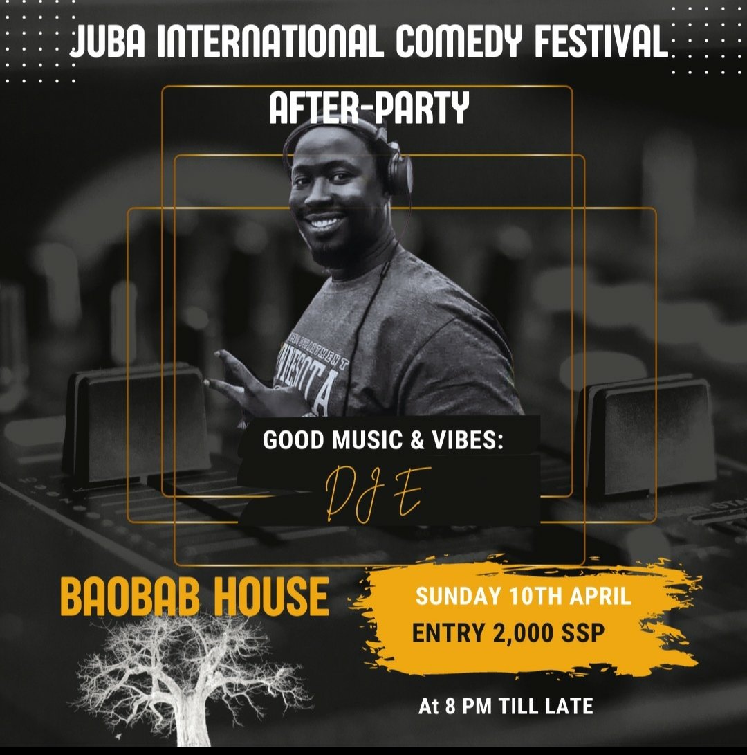TONIGHT, WE PARTYYYY!
Juba ICf After party at BAOBAB HOUSE by our event DJ E. Come and celebrate a moment in history with the comedian's from the first ever comedy festival in South Sudan 🇸🇸
#afterparty #jubaicf #SSOT #baobabhouse