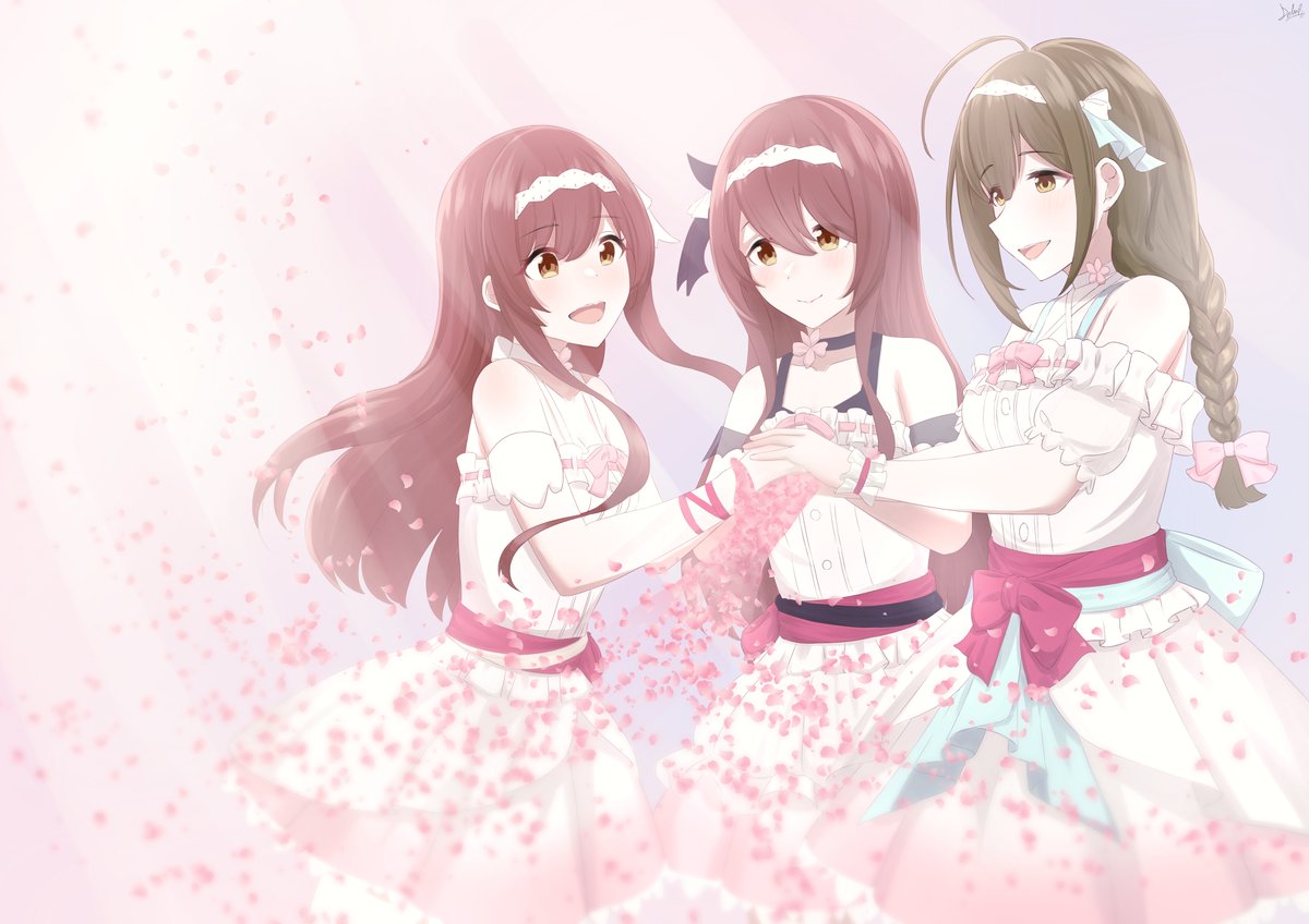 kuwayama chiyuki ,osaki amana ,osaki tenka multiple girls 3girls braid dress brown hair sisters siblings  illustration images