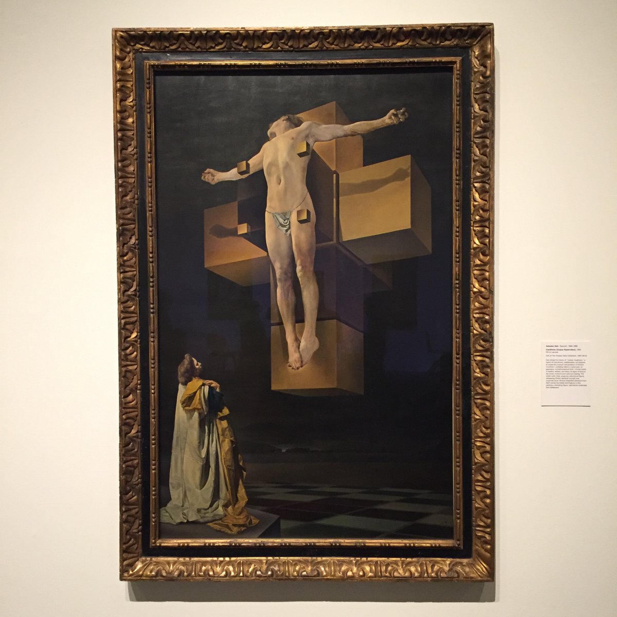#SalvadorDalí utilized his theory of "nuclear mysticism," a fusion of Catholicism, mathematics, and science, to create this unusual interpretation of Christ’s crucifixion. 

The artist’s wife, Gala, poses as a devotional figure.

'Crucifixion (Corpus Hypercubus)'