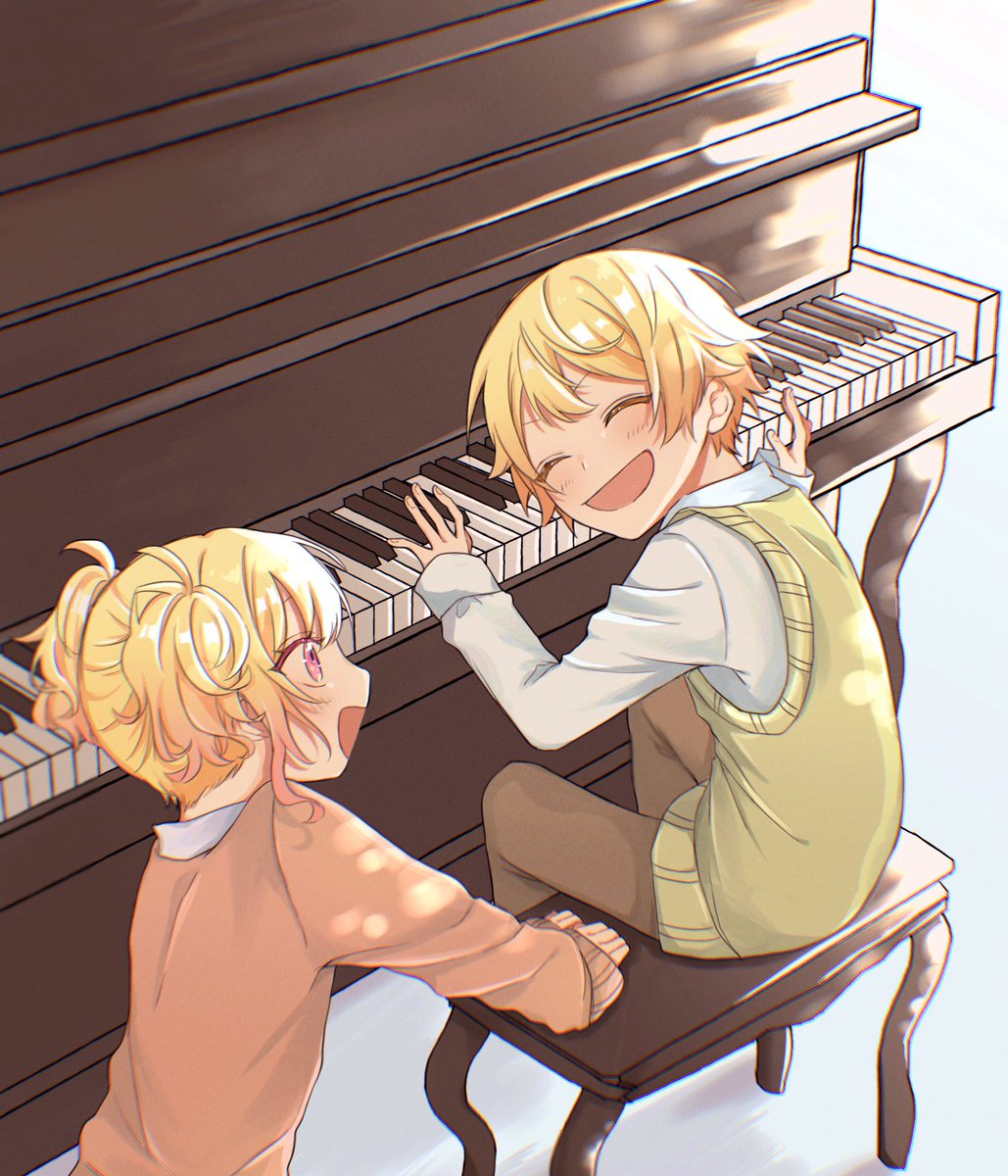 1girl 1boy blonde hair piano instrument closed eyes sitting  illustration images